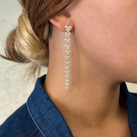 Round Cut Diamond Multiple Love Heart Long Drop Earrings 18K Yellow Gold 4.11Cts - Picture 1 of 5